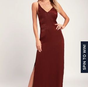 Lulu's Nania Burgandy Backless Satin Maxi Dress